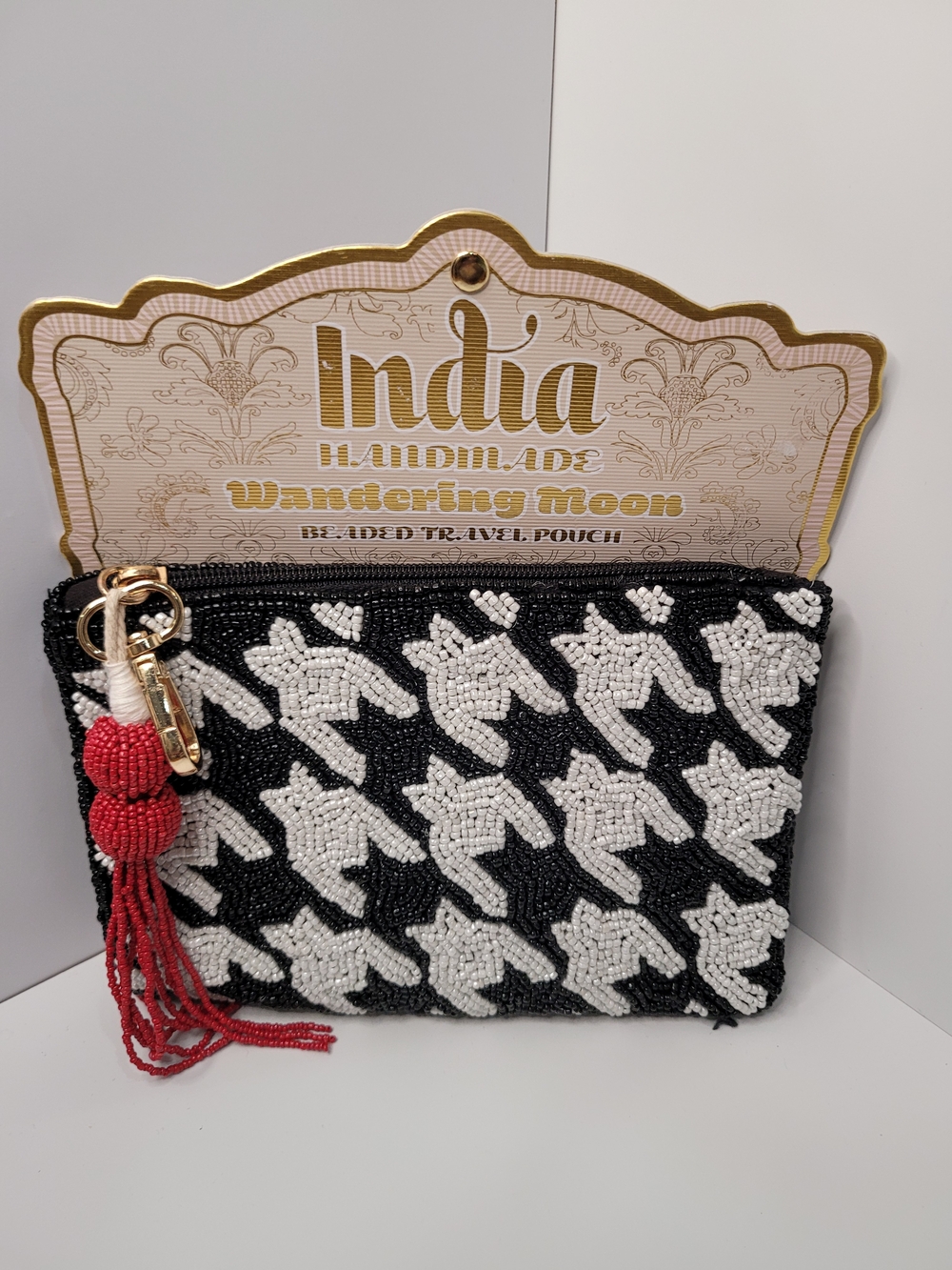 Wandering Moon India Handmade Black & White Beaded Travel Pouch with Red Tassel